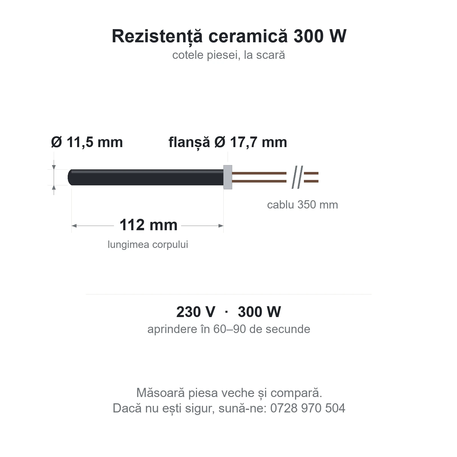 Cotele piesei: Ø 11,5 mm grosime, 112 mm, prindere Flanșă, Ø maxim 17,7 mm