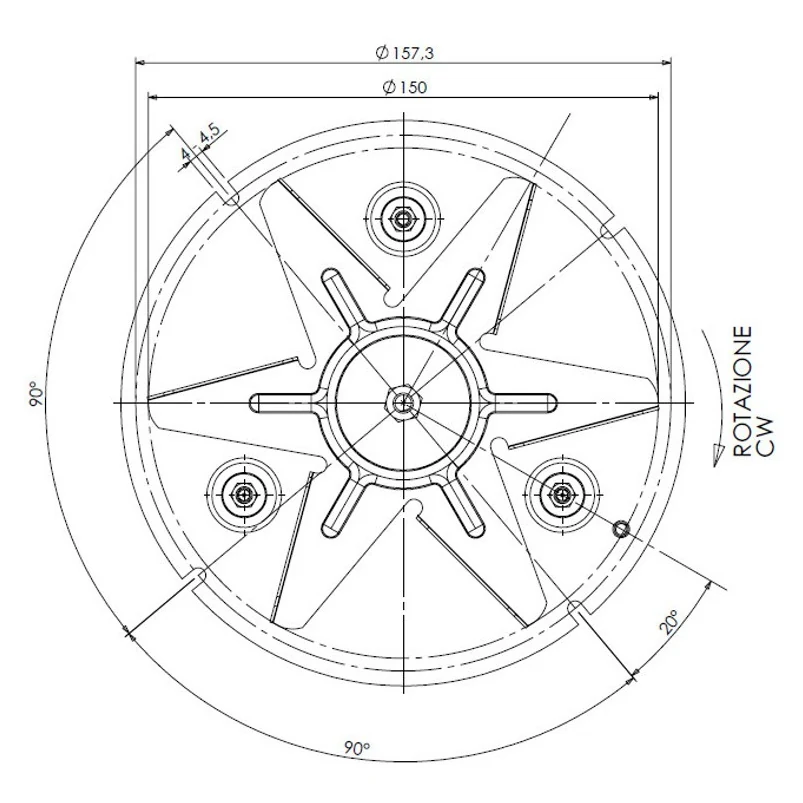 Planul producătorului: elicea de Ø 157,3 mm și sensul de rotație
