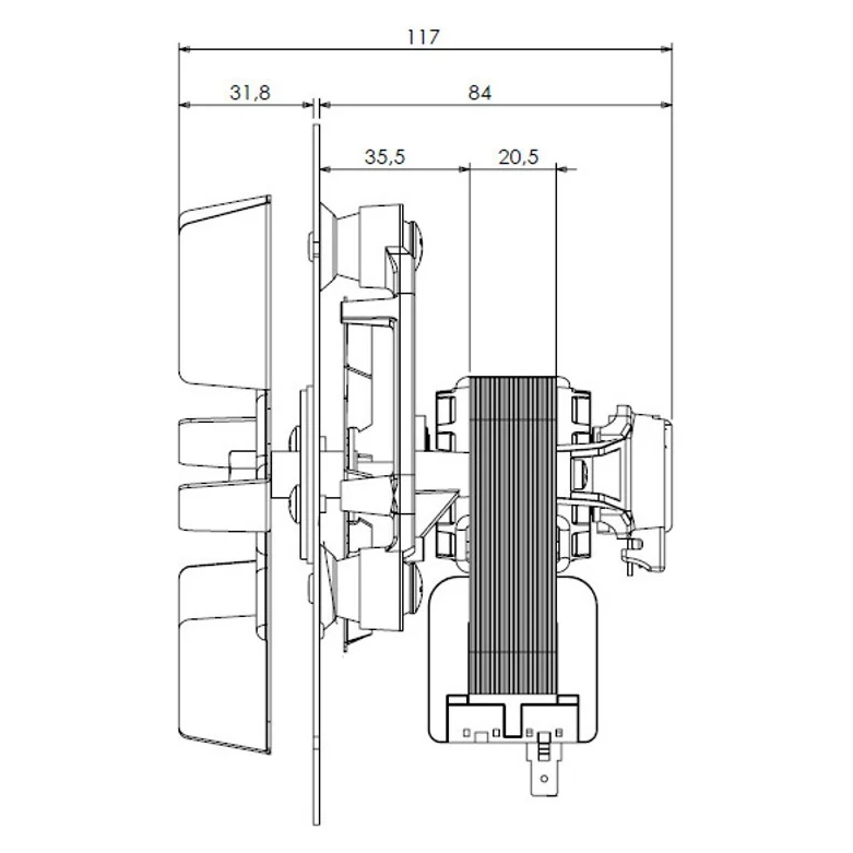 Planul producătorului, din lateral: adâncimea totală de 117 mm