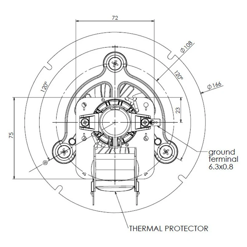 Planul producătorului: talpa Ø 166 mm, cercul găurilor Ø 108 mm la 120°
