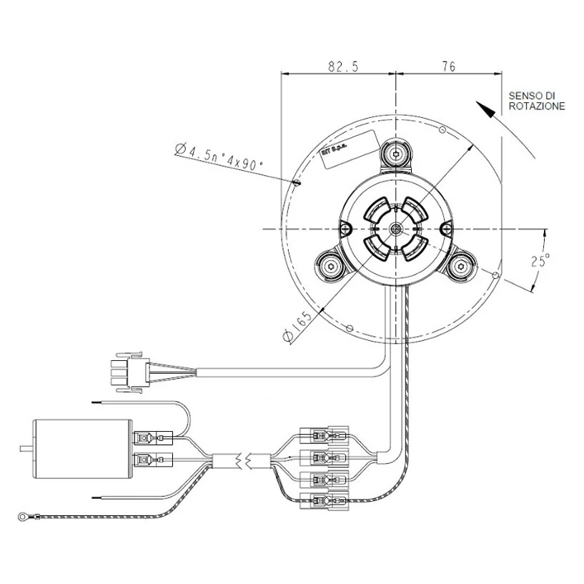 Planul producătorului: talpa Ø 165 mm, patru găuri Ø 4,5 mm și schema de conectare