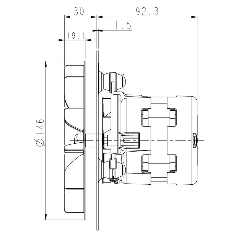 Planul producătorului, din lateral: elice Ø 146 mm și adâncimea de 122,3 mm